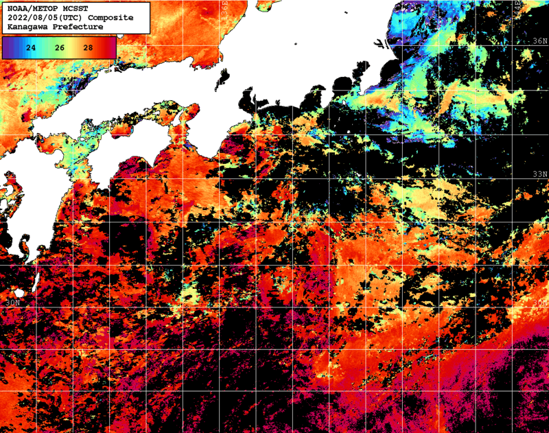 NOAA、MetOp 人工衛星画像 検索結果, 水温分布を図示