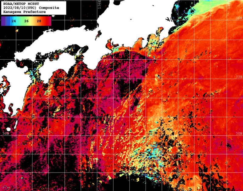 NOAA、MetOp 人工衛星画像 検索結果, 水温分布を図示