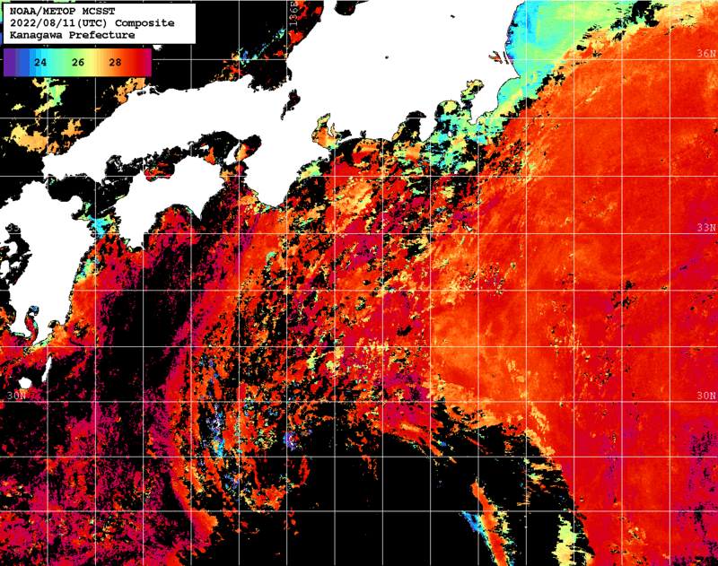 NOAA、MetOp 人工衛星画像 検索結果, 水温分布を図示