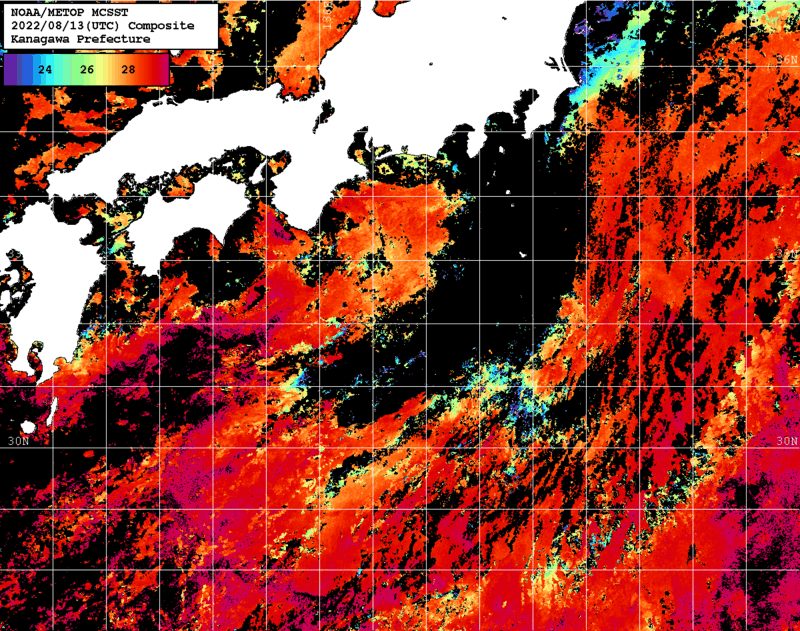 NOAA、MetOp 人工衛星画像 検索結果, 水温分布を図示
