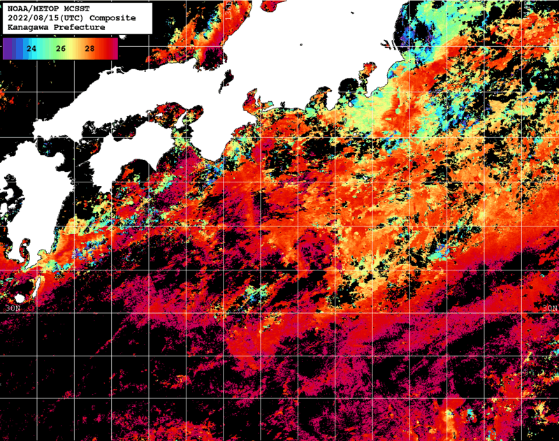 NOAA、MetOp 人工衛星画像 検索結果, 水温分布を図示