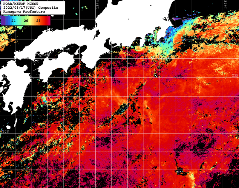 NOAA、MetOp 人工衛星画像 検索結果, 水温分布を図示