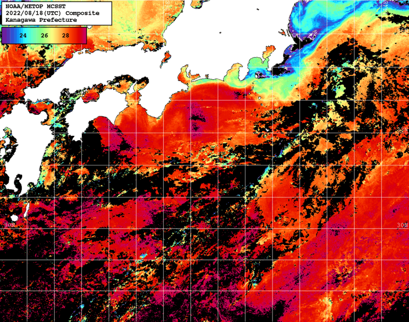 NOAA、MetOp 人工衛星画像 検索結果, 水温分布を図示