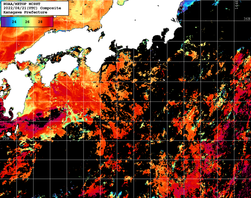 NOAA、MetOp 人工衛星画像 検索結果, 水温分布を図示