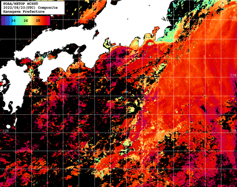 NOAA、MetOp 人工衛星画像 検索結果, 水温分布を図示