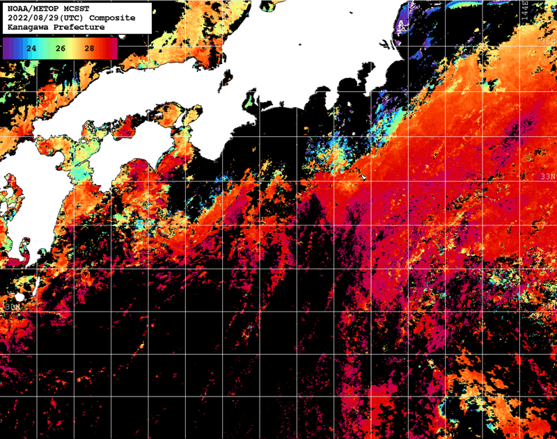 NOAA、MetOp 人工衛星画像 検索結果, 水温分布を図示