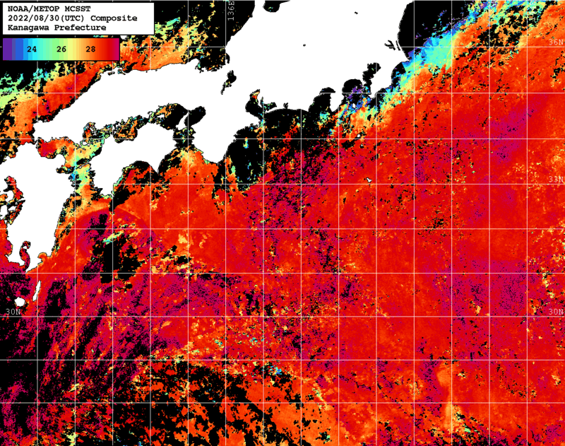 NOAA、MetOp 人工衛星画像 検索結果, 水温分布を図示