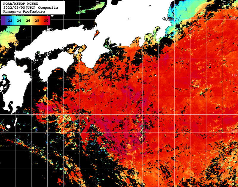 NOAA、MetOp 人工衛星画像 検索結果, 水温分布を図示