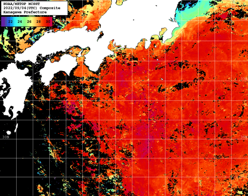 NOAA、MetOp 人工衛星画像 検索結果, 水温分布を図示