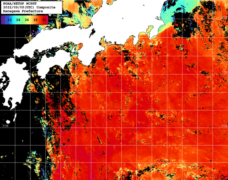 NOAA、MetOp 人工衛星画像 検索結果, 水温分布を図示