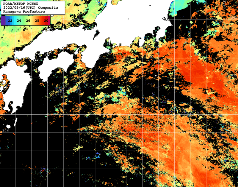 NOAA、MetOp 人工衛星画像 検索結果, 水温分布を図示