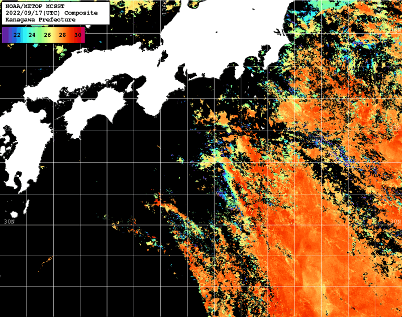 NOAA、MetOp 人工衛星画像 検索結果, 水温分布を図示