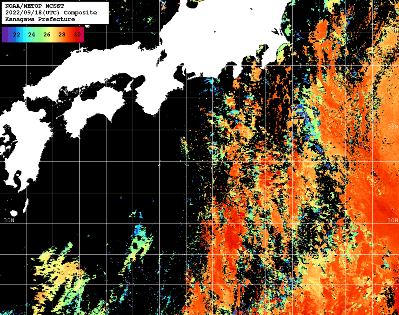 NOAA、MetOp 人工衛星画像 検索結果, 水温分布を図示