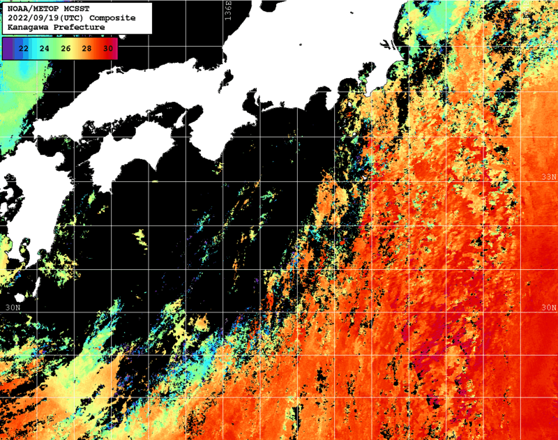 NOAA、MetOp 人工衛星画像 検索結果, 水温分布を図示