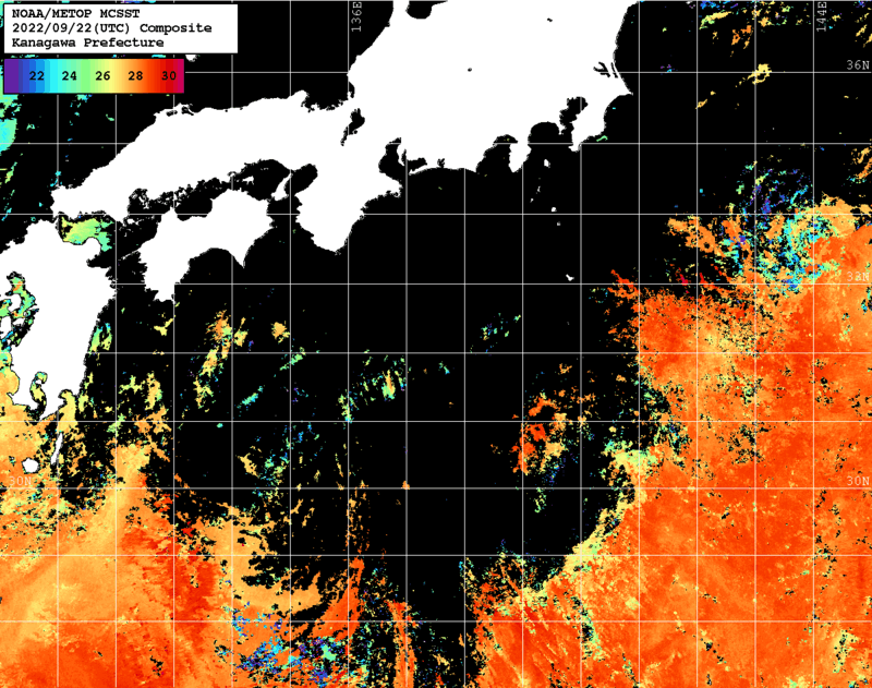 NOAA、MetOp 人工衛星画像 検索結果, 水温分布を図示
