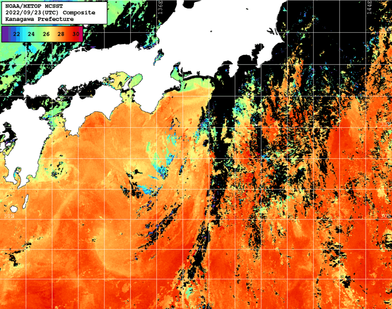 NOAA、MetOp 人工衛星画像 検索結果, 水温分布を図示