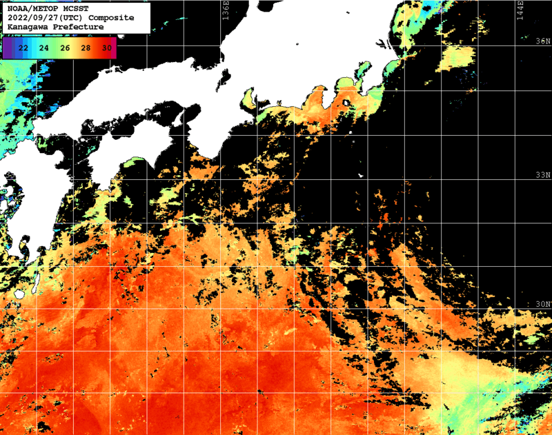 NOAA、MetOp 人工衛星画像 検索結果, 水温分布を図示
