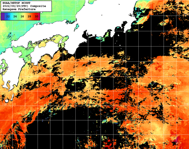 NOAA、MetOp 人工衛星画像 検索結果, 水温分布を図示