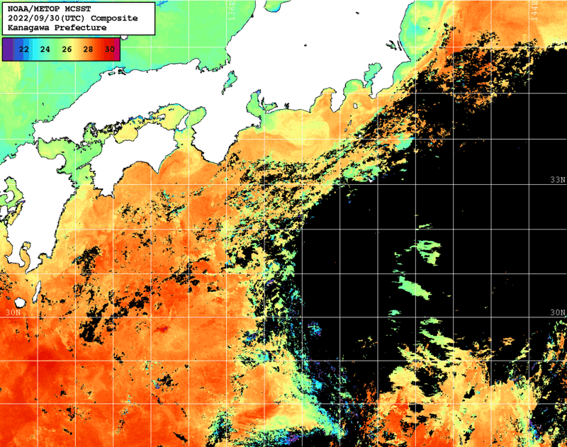NOAA、MetOp 人工衛星画像 検索結果, 水温分布を図示
