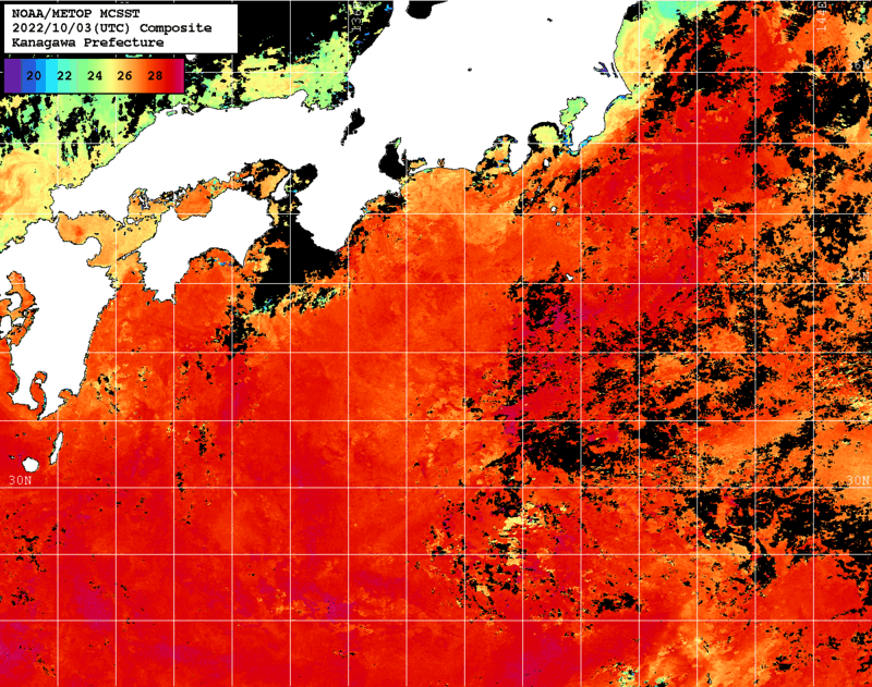 NOAA、MetOp 人工衛星画像 検索結果, 水温分布を図示