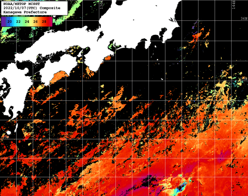 NOAA、MetOp 人工衛星画像 検索結果, 水温分布を図示