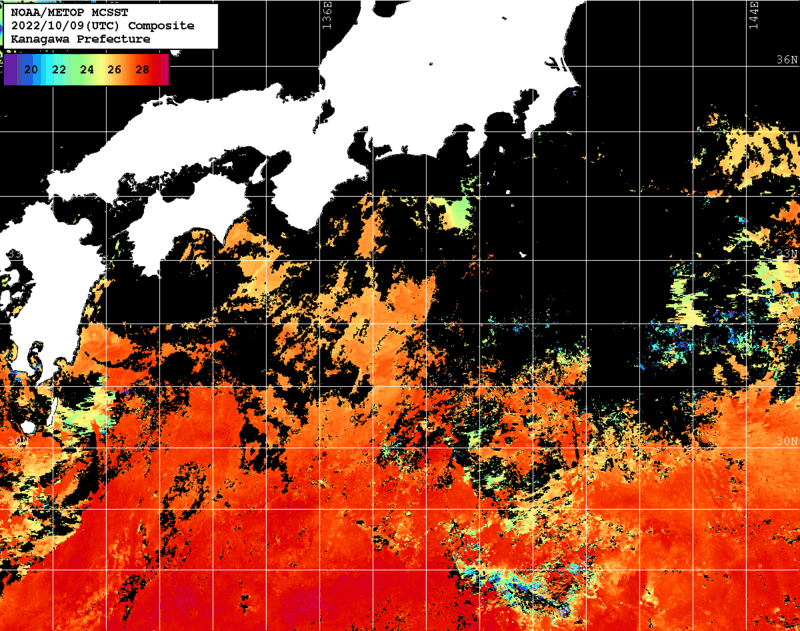 NOAA、MetOp 人工衛星画像 検索結果, 水温分布を図示