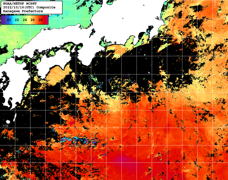 NOAA、MetOp 人工衛星画像 検索結果, 水温分布を図示