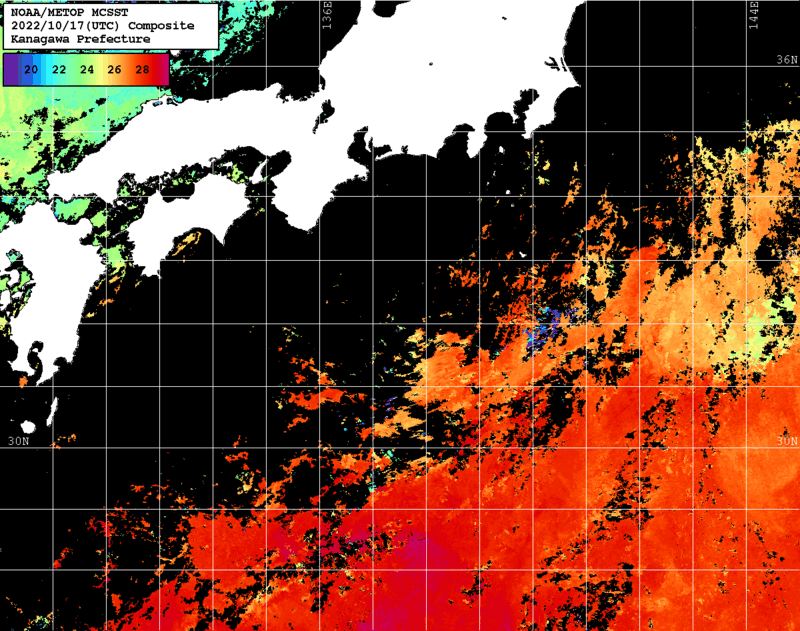NOAA、MetOp 人工衛星画像 検索結果, 水温分布を図示