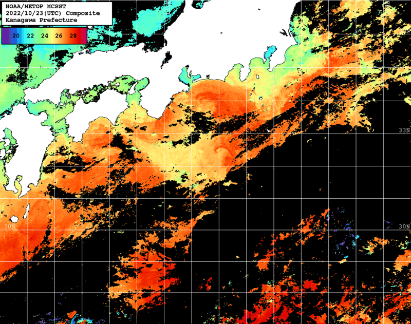 NOAA、MetOp 人工衛星画像 検索結果, 水温分布を図示