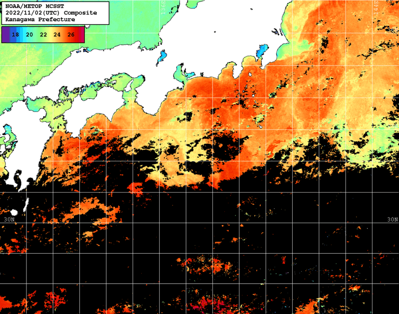 NOAA、MetOp 人工衛星画像 検索結果, 水温分布を図示
