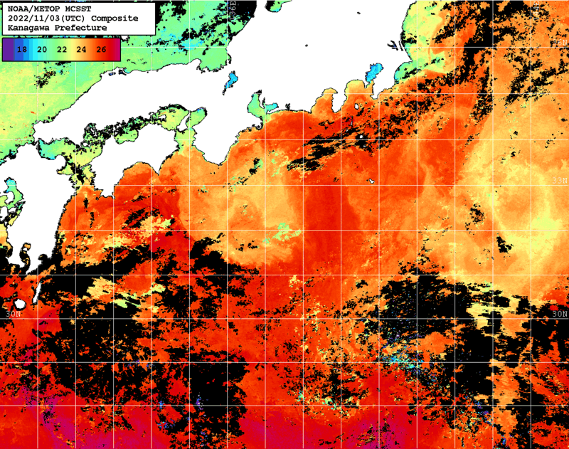 NOAA、MetOp 人工衛星画像 検索結果, 水温分布を図示
