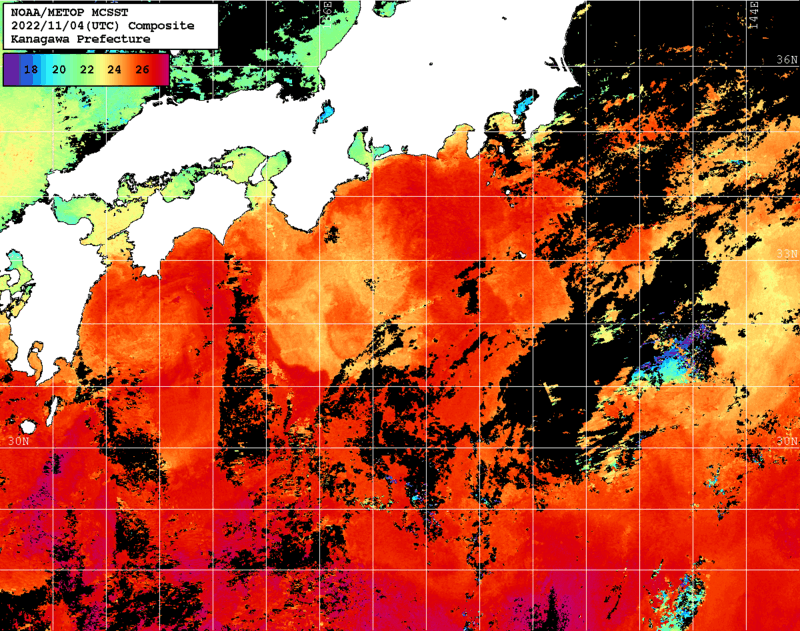 NOAA、MetOp 人工衛星画像 検索結果, 水温分布を図示