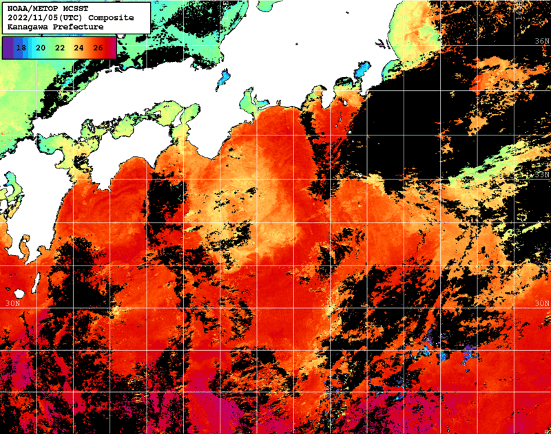NOAA、MetOp 人工衛星画像 検索結果, 水温分布を図示