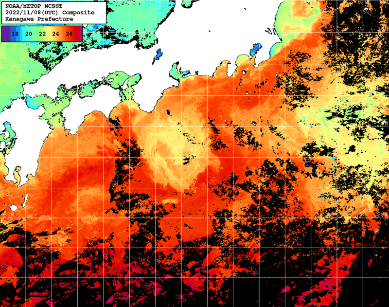 NOAA、MetOp 人工衛星画像 検索結果, 水温分布を図示