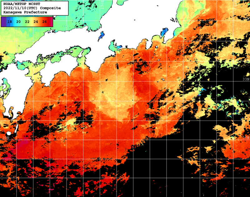 NOAA、MetOp 人工衛星画像 検索結果, 水温分布を図示