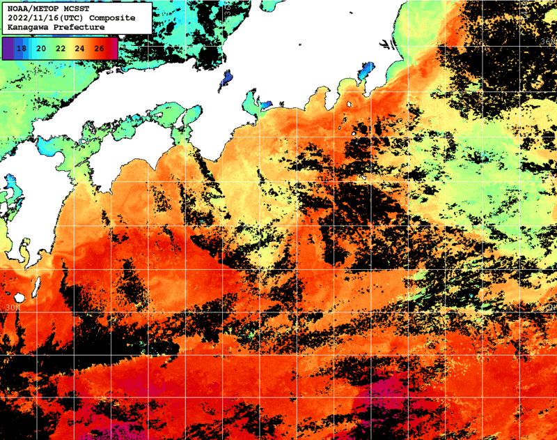 NOAA、MetOp 人工衛星画像 検索結果, 水温分布を図示