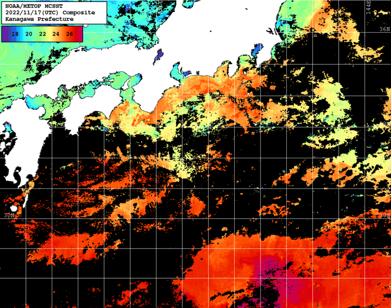 NOAA、MetOp 人工衛星画像 検索結果, 水温分布を図示