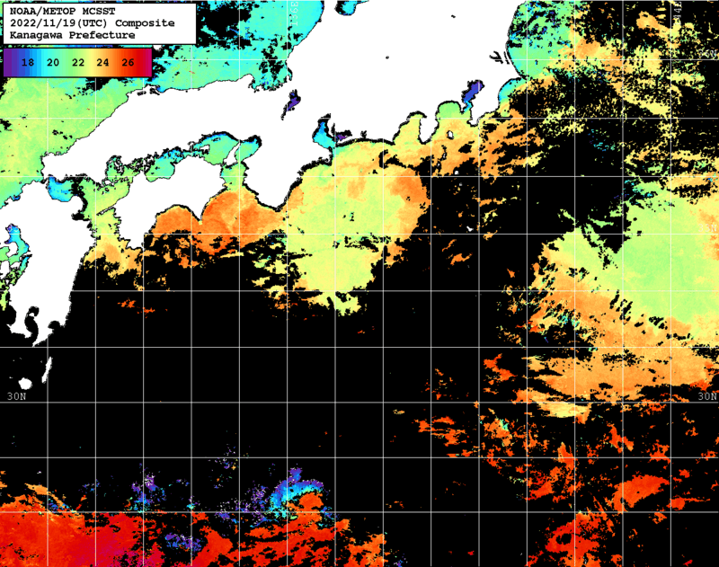 NOAA、MetOp 人工衛星画像 検索結果, 水温分布を図示