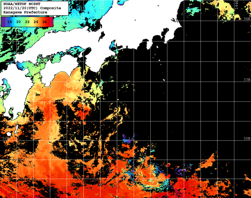 NOAA、MetOp 人工衛星画像 検索結果, 水温分布を図示