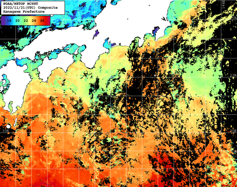 NOAA、MetOp 人工衛星画像 検索結果, 水温分布を図示