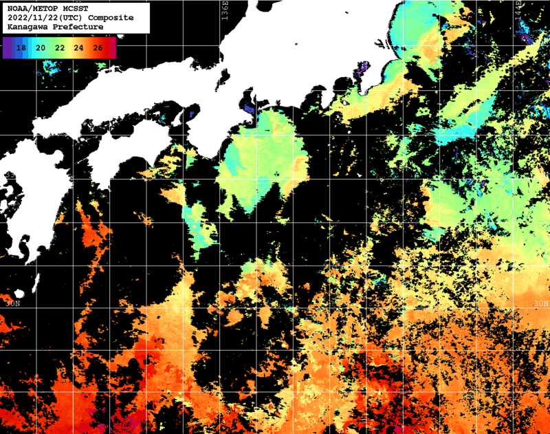 NOAA、MetOp 人工衛星画像 検索結果, 水温分布を図示