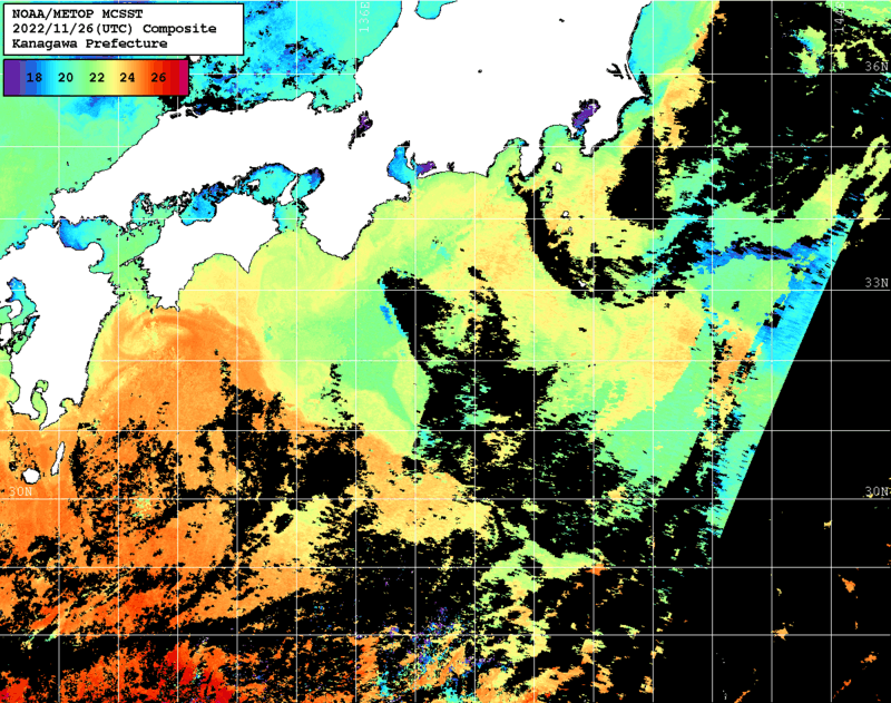 NOAA、MetOp 人工衛星画像 検索結果, 水温分布を図示
