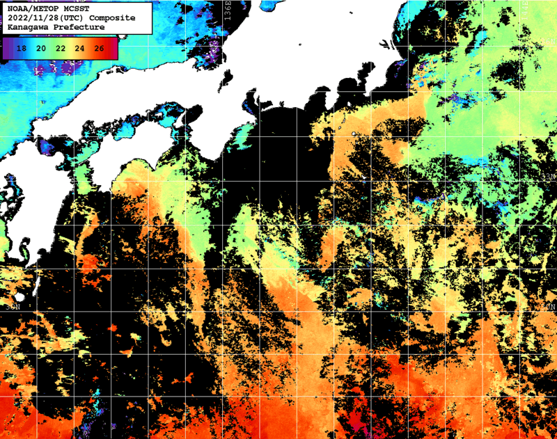 NOAA、MetOp 人工衛星画像 検索結果, 水温分布を図示