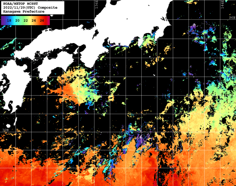 NOAA、MetOp 人工衛星画像 検索結果, 水温分布を図示