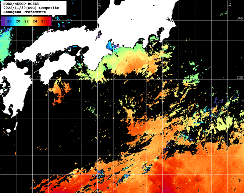 NOAA、MetOp 人工衛星画像 検索結果, 水温分布を図示