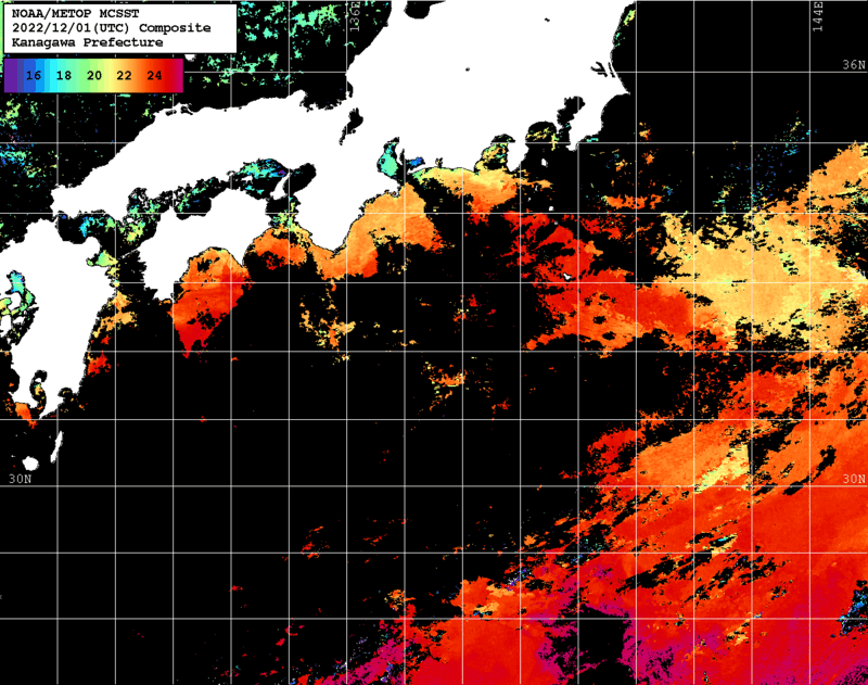 NOAA、MetOp 人工衛星画像 検索結果, 水温分布を図示