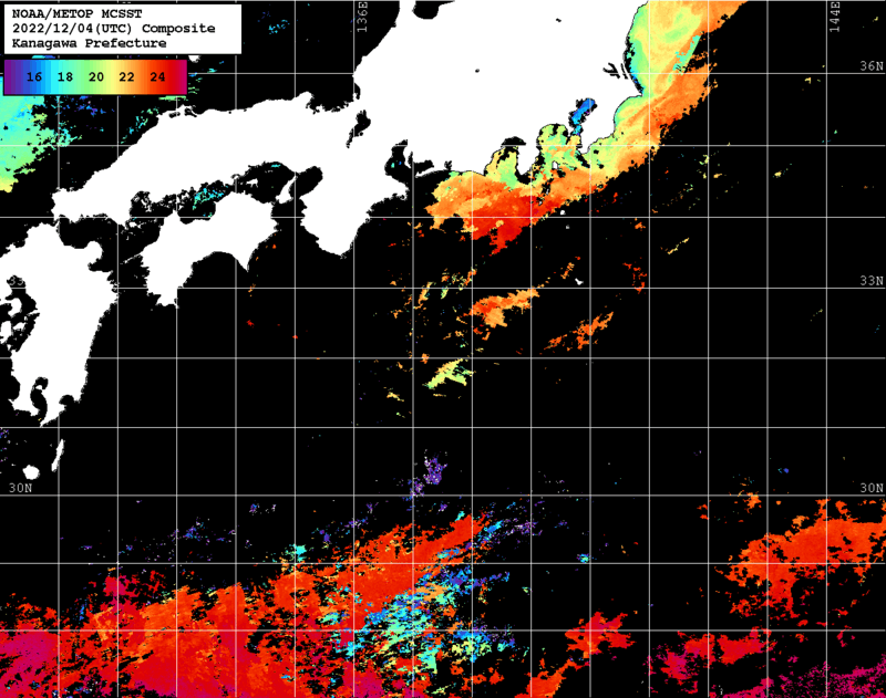 NOAA、MetOp 人工衛星画像 検索結果, 水温分布を図示
