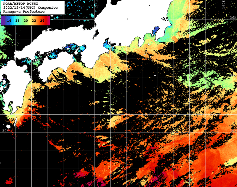 NOAA、MetOp 人工衛星画像 検索結果, 水温分布を図示