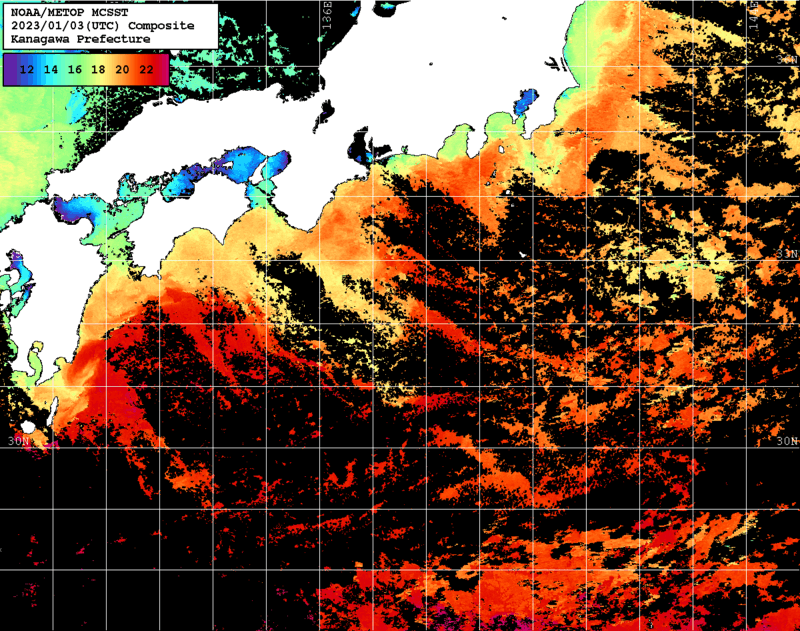 NOAA、MetOp 人工衛星画像 検索結果, 水温分布を図示