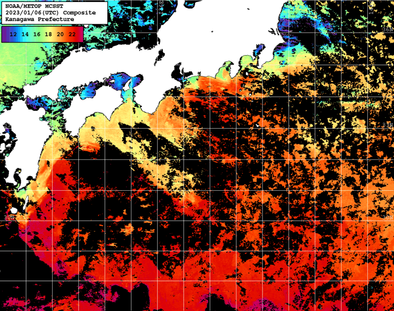 NOAA、MetOp 人工衛星画像 検索結果, 水温分布を図示
